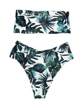 Cupshe Green & White Tropical Leaf Strapless Bikini Set